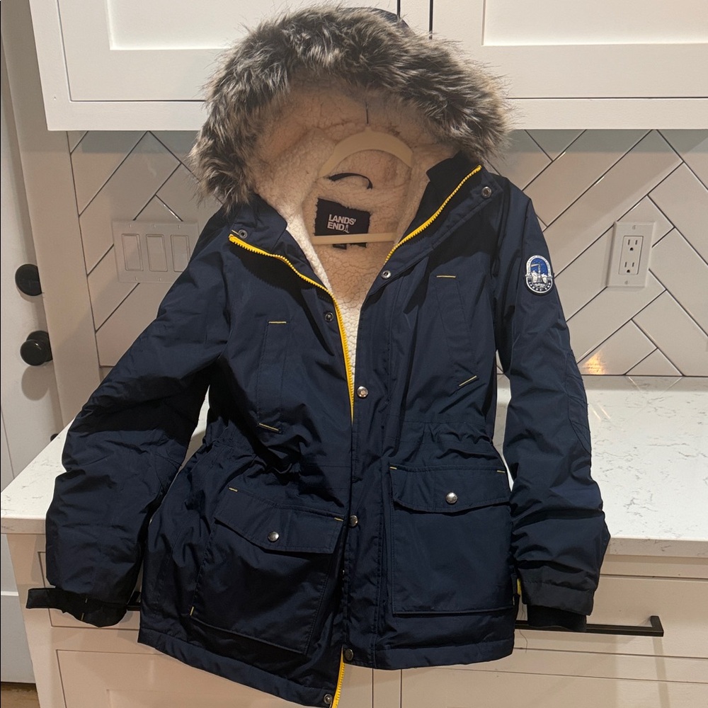 Lands' End Navy Blue Winter Parka with Faux Fur Trim girls L 14-16